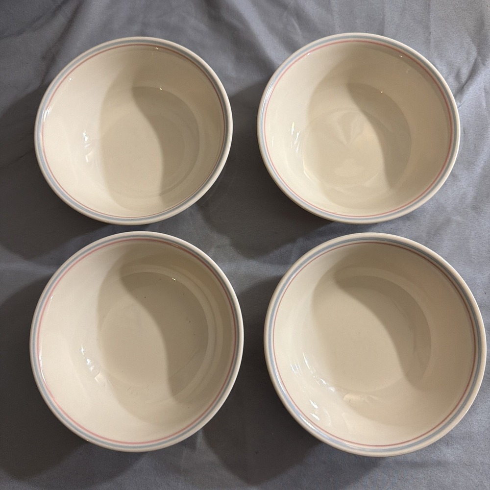 Corelle 4 English Breakfast Sandstone Blue & Rose Stripe Cereal Soup Bowls 🇺🇸